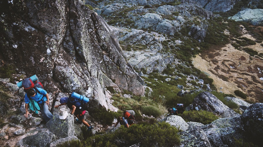 several mountain climbers on cliff at daytime