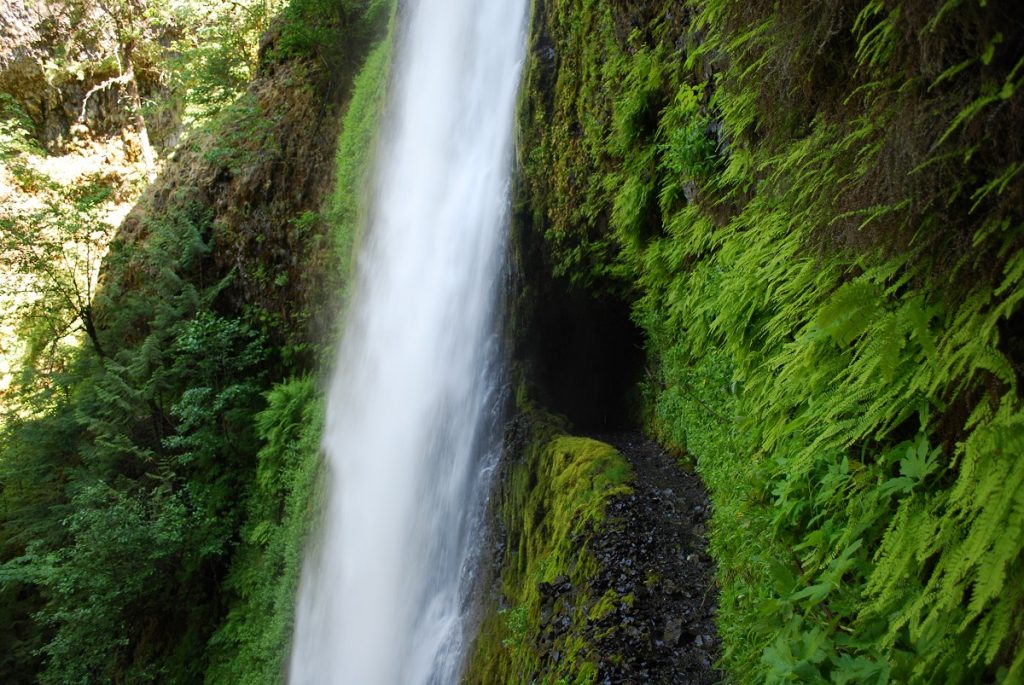 water falling next to a green trail and cave in mountain