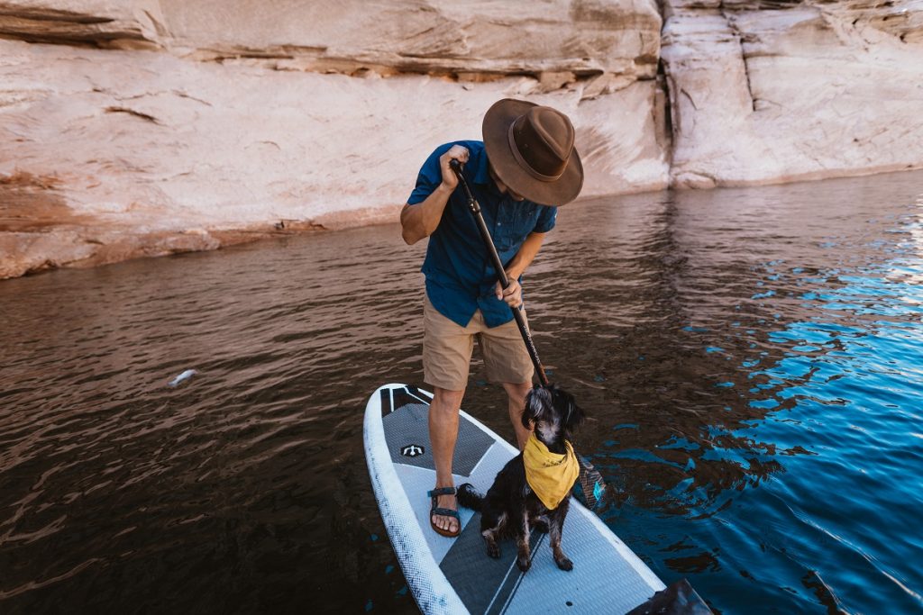 man and dog on paddle board on body of water